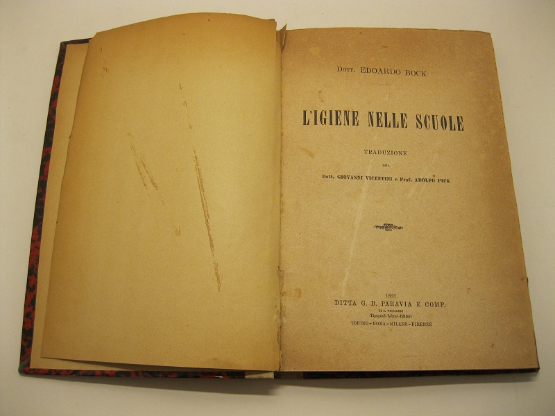 L'igiene nelle scuole. Traduzione del dott. Giovanni Vicentini e Prof. Adolfo Pick,  SEGUE: Igiene della prima infanzia. Tre conferenze alla regia società italiana d'igiene (sede di Torino) del dottore Libero Bergesio. Torino, Loescher, 1883. SEGU Assistenza agli infermi e soccorsi d'urgenza. Dott. Giuseppe Massimi. Roma, Tipografia cooperativa sociale, 1903 SEGUE: Le pere, la mere & l'enfant par le docteur Lefebvre. Louvain, typographie de Charles Peeters. 1878